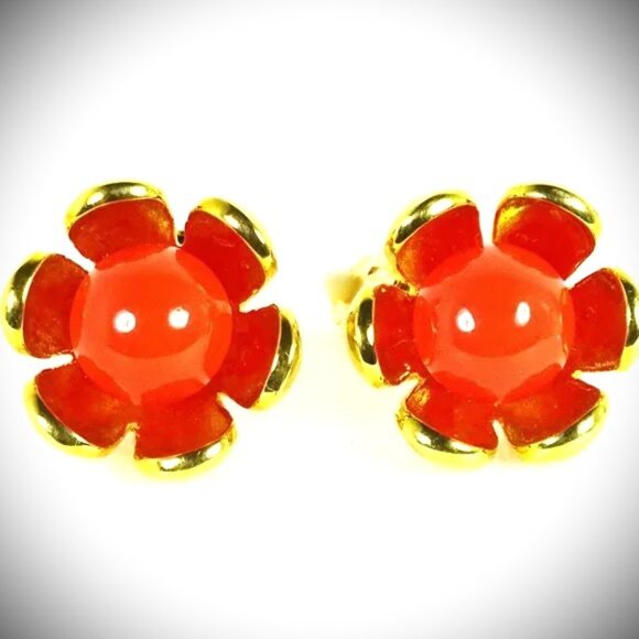 TRINA TURK Yellow Gold Plated Coral Color Resin Clip Earrings - Picture 1 of 7